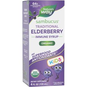 Nature’s Way Sambucus Traditional Elderberry Immune Syrup for Kids, Concentrated Black Elderberry Extract, Traditional Immune Support*, with Superfood Antioxidants(1), 4 Fl Oz (Packaging May Vary)