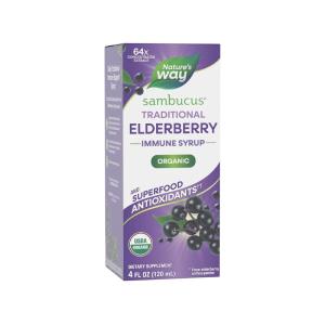 Nature’s Way Sambucus Traditional Immune Elderberry Syrup for Ages 7+, Traditional Immune & Antioxidant Support*, Organic Black Elderberry Extract, USDA Certified Organic, 4 Fl Oz (Packaging May Vary)