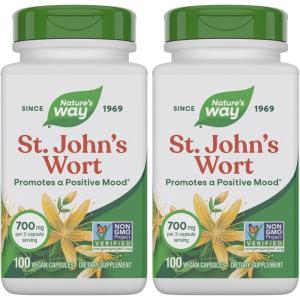 Nature’s Way St. John’s Wort Capsules, Herbal Supplement Promotes a Positive Outlook*, 700 mg per 2-capsule serving, Non-GMO Project Verified, Vegan, 100 Capsules(100 Count (Pack of 2))