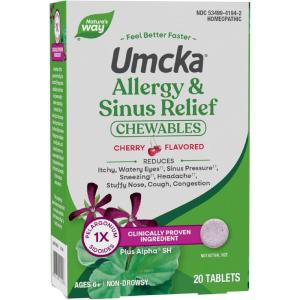 Nature’s Way Umcka Allergy & Sinus Relief Chewables, Sneezing*, Runny Nose*, Headache*, Congestion, Non-Drowsy, Homeopathic Allergy Relief, Cherry Flavored, 20 Tablets (Packaging May Vary)