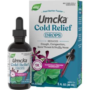 Nature’s Way Umcka Cold Relief Drops, Multi-Symptom Cold Relief, Sore Throat, Cough, Stuffy Nose, and Congestion, Homeopathic, Phenylephrine Free, Non-Drowsy, 1 Fl Oz (Packaging May Vary)