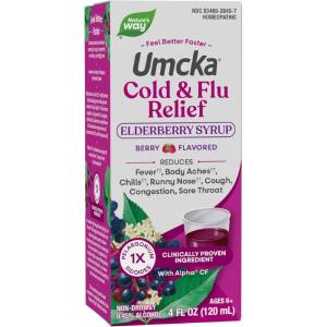 Nature’s Way Umcka Cold & Flu Relief Elderberry Syrup, Non-Drowsy Homeopathic Cold and Flu* Relief for Sore Throat, Cough, Congestion, Fever*, Body Aches*, Berry Flavored, 4 Fl Oz (Packaging May Vary)