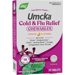 Nature’s Way Umcka Cold and Flu Relief Chewables, Non-Drowsy Multi-Symptom Relief, Homeopathic Cold Medicine and Remedy, Shortens & Reduces Severity of Colds, Orange-Flavored Tablets, 20 Count