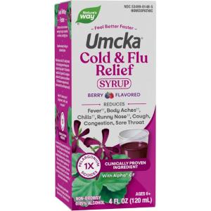 Nature’s Way Umcka Cold and Flu Relief Syrup, Fever*, Sore Throat, Cough, Congestion, Body Aches*, Homeopathic, Phenylephrine Free, 0.05% Alcohol, Berry Flavored, 4 Fl Oz (Packaging May Vary)