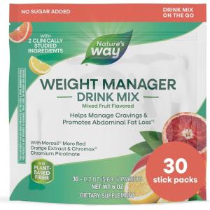 Nature’s Way Weight Manager Drink Mix Packets, Supports Craving Management & Abdominal Fat Loss*(1), with Clinically Studied Ingredients, Plant-Based Fiber, No Sugar, Mixed Fruit Flavored, 30 Packets