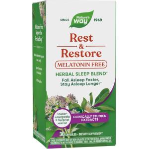 Nature’s Way Rest & Restore, Melatonin-Free Sleep Supplement*, with Ashwagandha, Valerian, Vegan, 30 Capsules