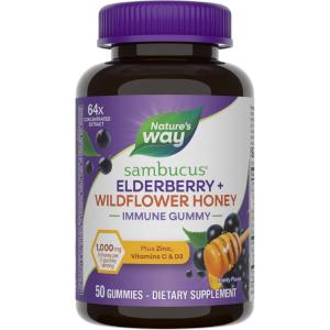 Nature’s Way Sambucus Elderberry + Wildflower Honey Immune Gummy, Daily Immune Support for Adults and Kids Ages 4+*, Vitamins C & D3, Zinc, Vegetarian, 50 Gummies