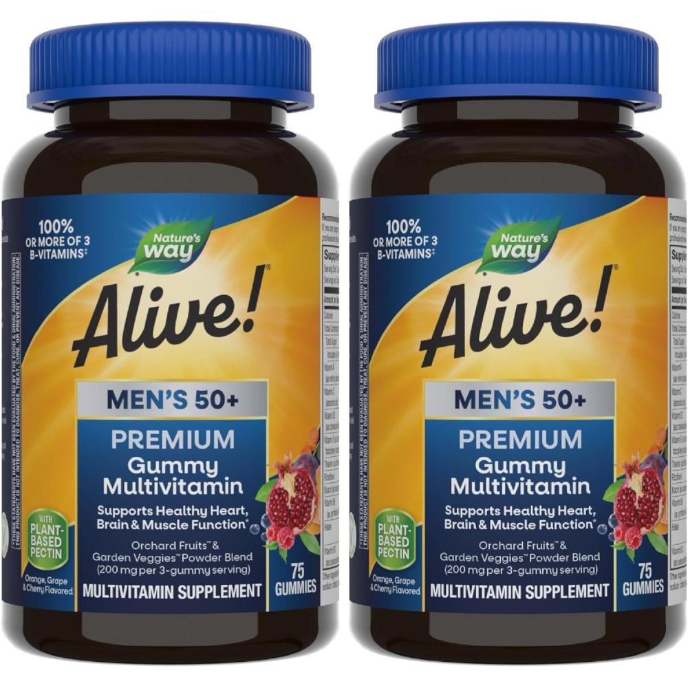 image:imageNatures Way Alive Mens 50 Premium Gummy Multivitamin Supports Healthy Heart Brain amp Muscle Function BVitamins Vegetarian Grape Orange and Cherry Flavored 75 Gummies75 Count Pack of 2