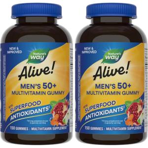 Nature’s Way Alive! Men’s 50+ Daily Gummy Multivitamins, Supports Healthy Brain, Eyes, Heart*, B-Vitamins, Gluten-Free, Fruit Flavored, 60 Gummies (Packaging May Vary)(150 Count (Pack of 2))