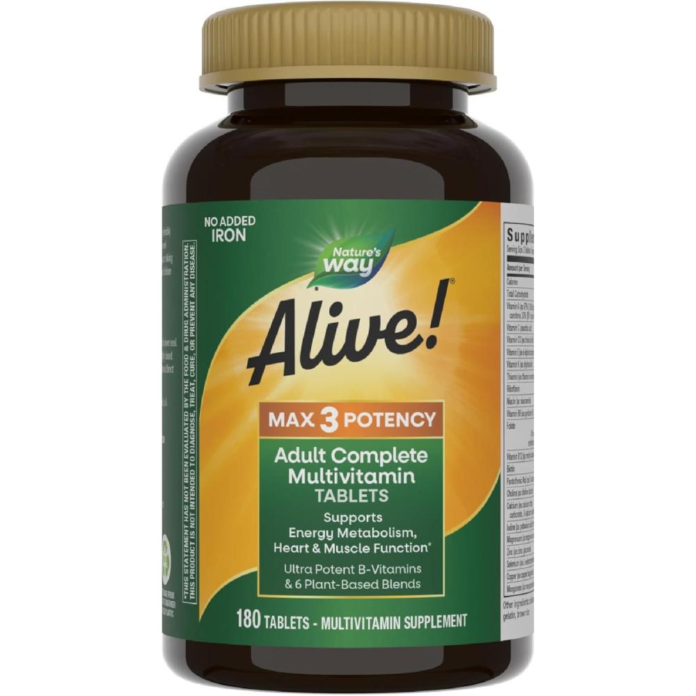 image:imageNatures Way Alive Max3 Potency Adult Complete Multivitamin High Potency BVitamins to Support Cellular Energy Metabolism Multivitamin with Methylated B12 amp Folate No Added Iron 180 Tablets180 Count Pack of 1