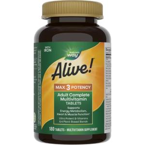 Nature’s Way Alive! Max3 Potency Daily Multivitamin, Methylated B12 and Folate, Ultra Potency B-vitamins to Support Energy Metabolism*, 180 Tablets(180 Count (Pack of 1))
