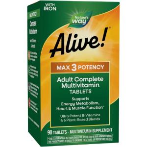 Nature’s Way Alive! Max3 Potency Daily Multivitamin, Methylated B12 and Folate, Ultra Potency B-vitamins to Support Energy Metabolism*, 180 Tablets(90 Count (Pack of 1))