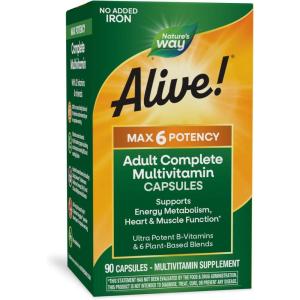 Nature’s Way Alive! Max6 Potency Adult Complete Multivitamin, Vitamins A,C, E & B-Vitamins, Methyl B12 & Folate, Supports Heart & Muscle Function and Energy Metabolism*, No Added Iron, 90 Capsules