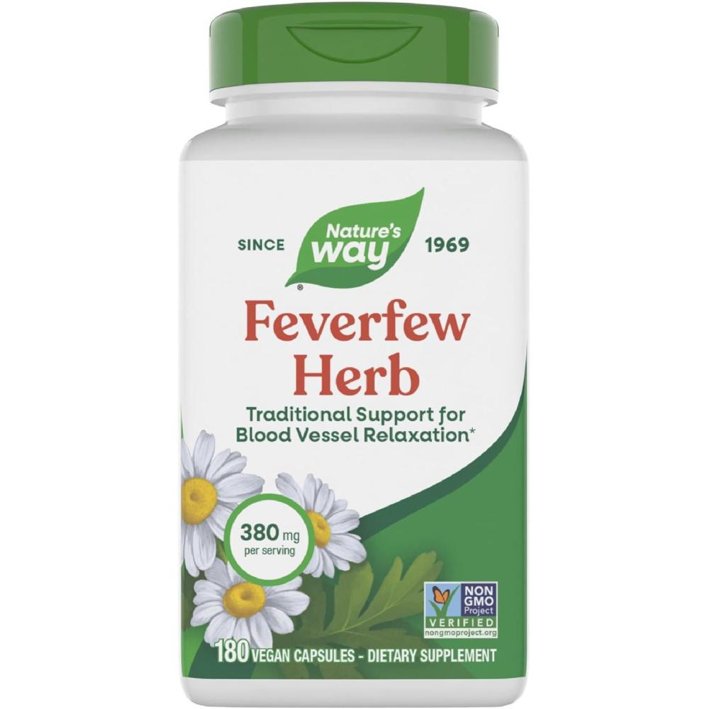 image:imageNatures Way Feverfew Herb Traditional Support for Blood Vessel Relaxation 380 mg per Serving NonGMO Project Verified 180 Vegan Feverfew Capsules Packaging May Vary180 Count Pack of 1