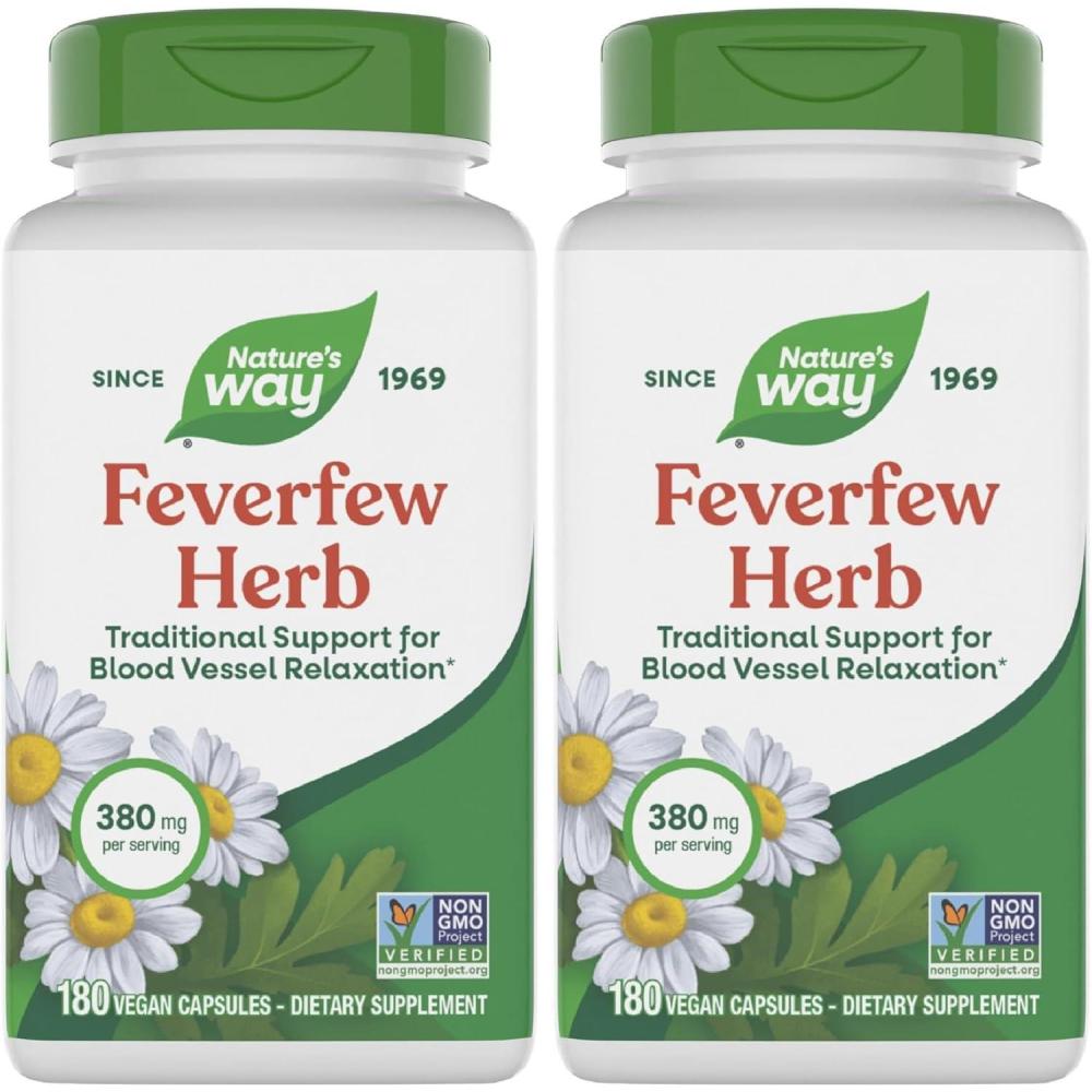 image:imageNatures Way Feverfew Herb Traditional Support for Blood Vessel Relaxation 380 mg per Serving NonGMO Project Verified 180 Vegan Feverfew Capsules Packaging May Vary180 Count Pack of 2