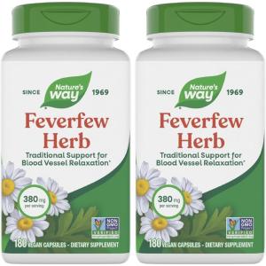 Nature’s Way Feverfew Herb, Traditional Support for Blood Vessel Relaxation*, 380 mg per Serving, Non-GMO Project Verified, 180 Vegan Feverfew Capsules (Packaging May Vary)(180 Count (Pack of 2))
