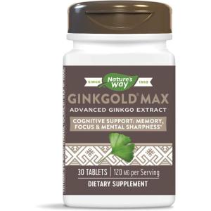 Nature’s Way Ginkgold Max Advanced Ginkgo Extract, Supports Concentration, Cognitive Function*, Memory and Focus*, Gluten-Free, Vegan, 60 Vegan Tablets (Packaging May Vary)(30 Count (Pack of 1))