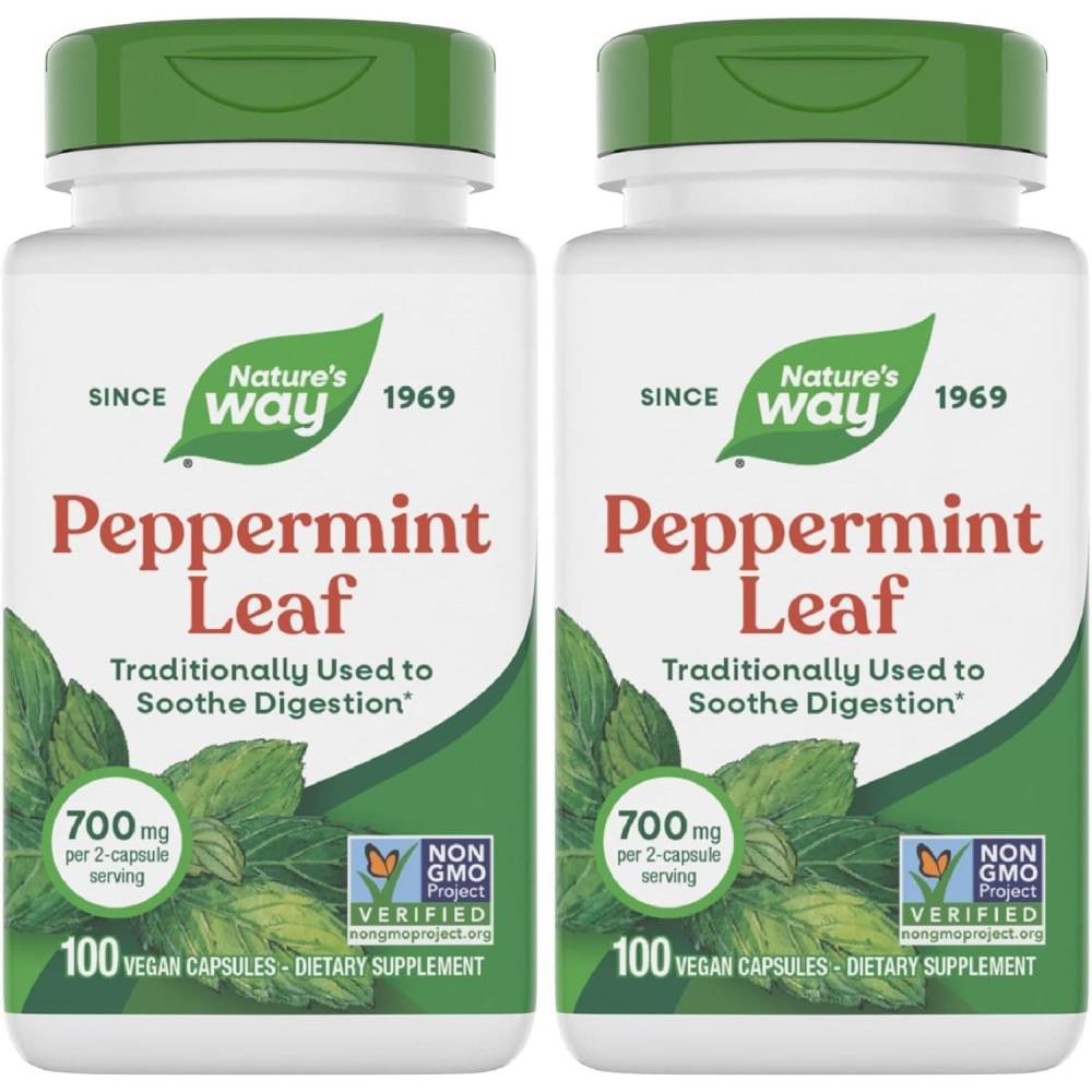 image:imageNatures Way Peppermint Leaf Traditionally Used to Soothe Digestion 700 mg per 2Capsule Serving Peppermint Supplement NonGMO Project Verified 100 Vegan Capsules Packaging May Vary100 Count Pack of 2