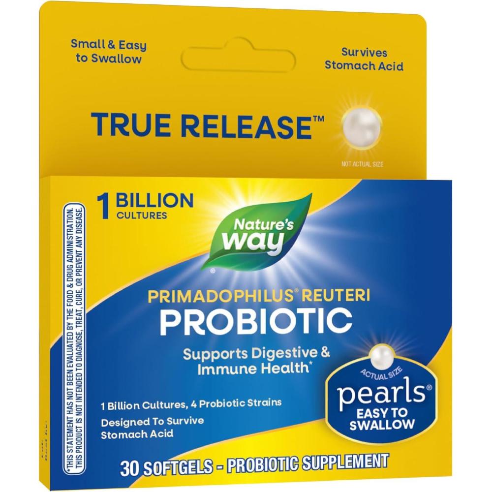 image:imageNatures Way Primadophilus Reuteri Probiotic Pearls for Men and Women Digestive and Immune Health 1 Billion Culture 4 Probiotic Strains Survives Stomach Acid 60 Softgels30 Count Pack of 1