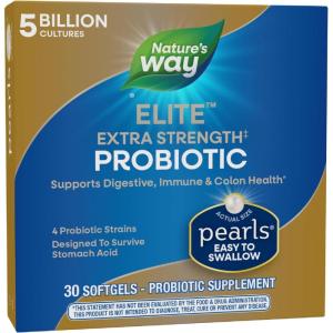 Nature’s Way Elite Extra Strength Probiotic Pearls for Men and Women, Supports Digestive, Immune, Colon Health*, 5 Billion Live Cultures, No Refrigeration Required, 30 Softgels(Unflavored)