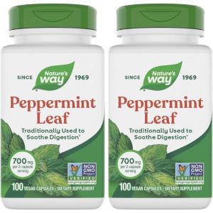 Nature’s Way Peppermint Leaf, Traditionally Used to Soothe Digestion*, 700 mg per 2-Capsule Serving, Peppermint Supplement, Non-GMO Project Verified, 100 Vegan Capsules (Packaging May Vary)(100 Count (Pack of 2))