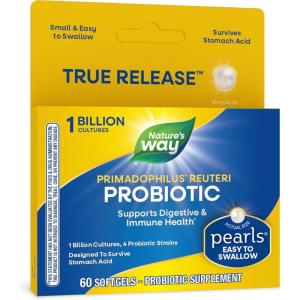 Nature’s Way Primadophilus Reuteri Probiotic Pearls for Men and Women, Digestive and Immune Health*, 1 Billion Culture, 4 Probiotic Strains, Survives Stomach Acid, 60 Softgels(60 Count (Pack of 1))