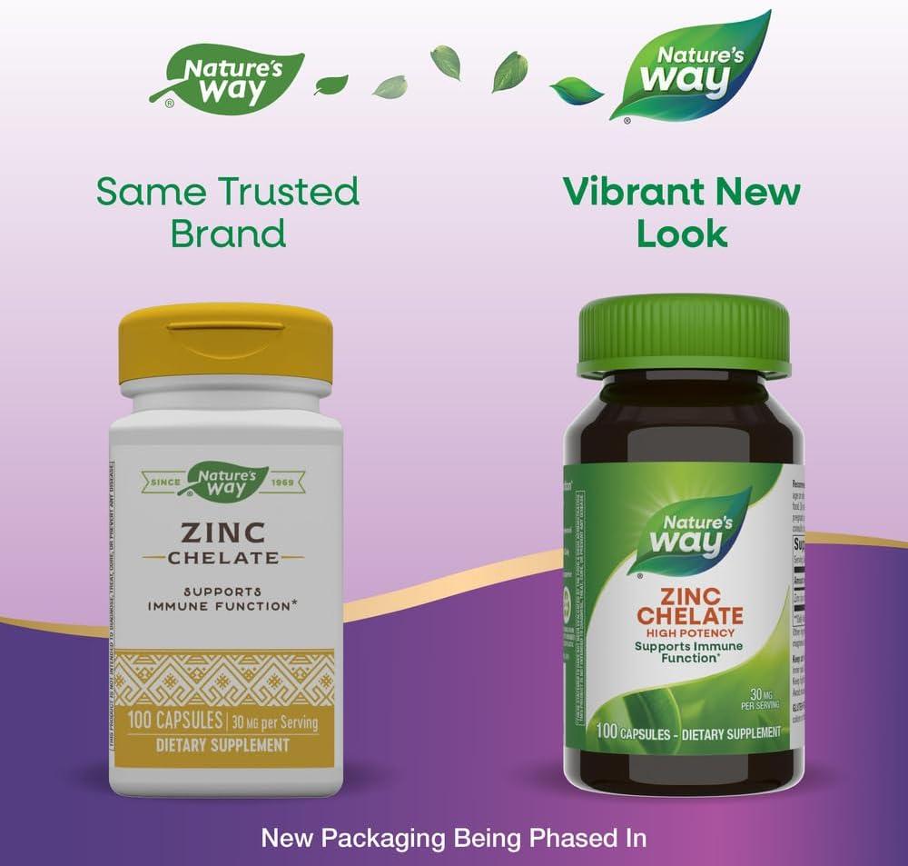 image:imageNatures Way Zinc Chelate Zinc Supplements Supports Immune Function 30 mg per Serving 100 Capsules Packaging May VaryUnflavored