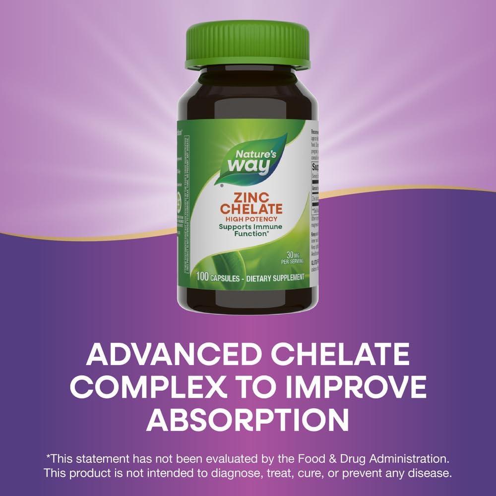 image:imageNatures Way Zinc Chelate Zinc Supplements Supports Immune Function 30 mg per Serving 100 Capsules Packaging May VaryUnflavored