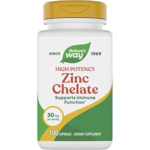 Nature’s Way Zinc Chelate, Zinc Supplements, Supports Immune Function*, 30 mg per Serving, 100 Capsules (Packaging May Vary)(Unflavored)