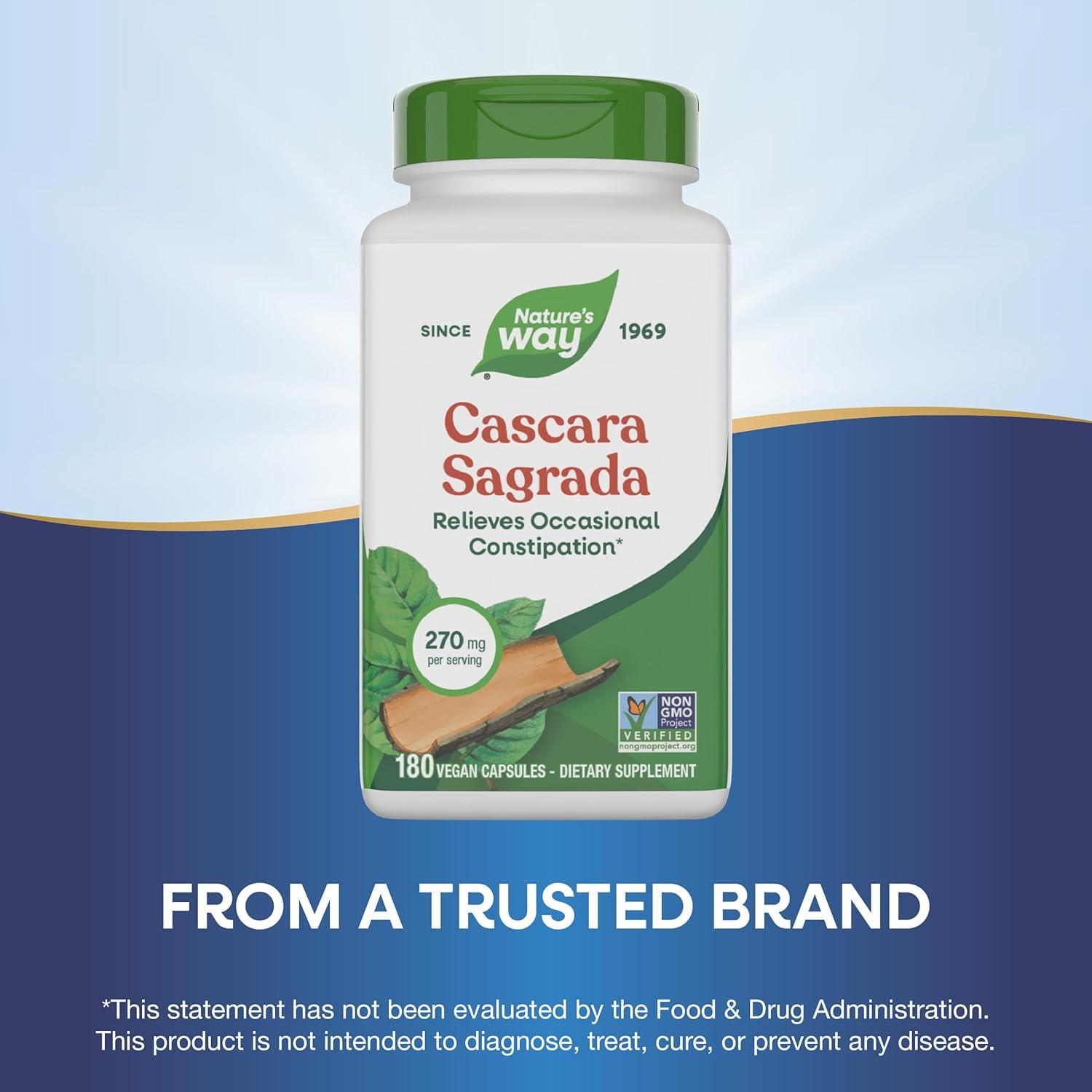 image:imageNatures Way Cascara Sagrada Bark Occasional Constipation Relief For Adults and Kids Ages 12 Supports Regularity NonGMO Project Verified 270 mg per Serving 180 Capsules Packaging May VaryUnflavored