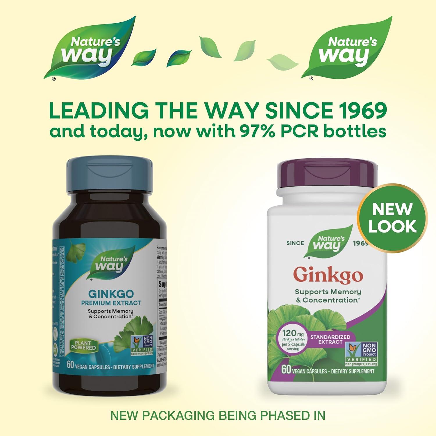 image:imageNatures Way Ginkgo Premium Extract Supports Memory amp Concentration 120 mg Ginkgo Biloba Extract per 2Capsule Serving with Gotu Kola Vegan No Gluten 60 Capsules Packaging May Vary