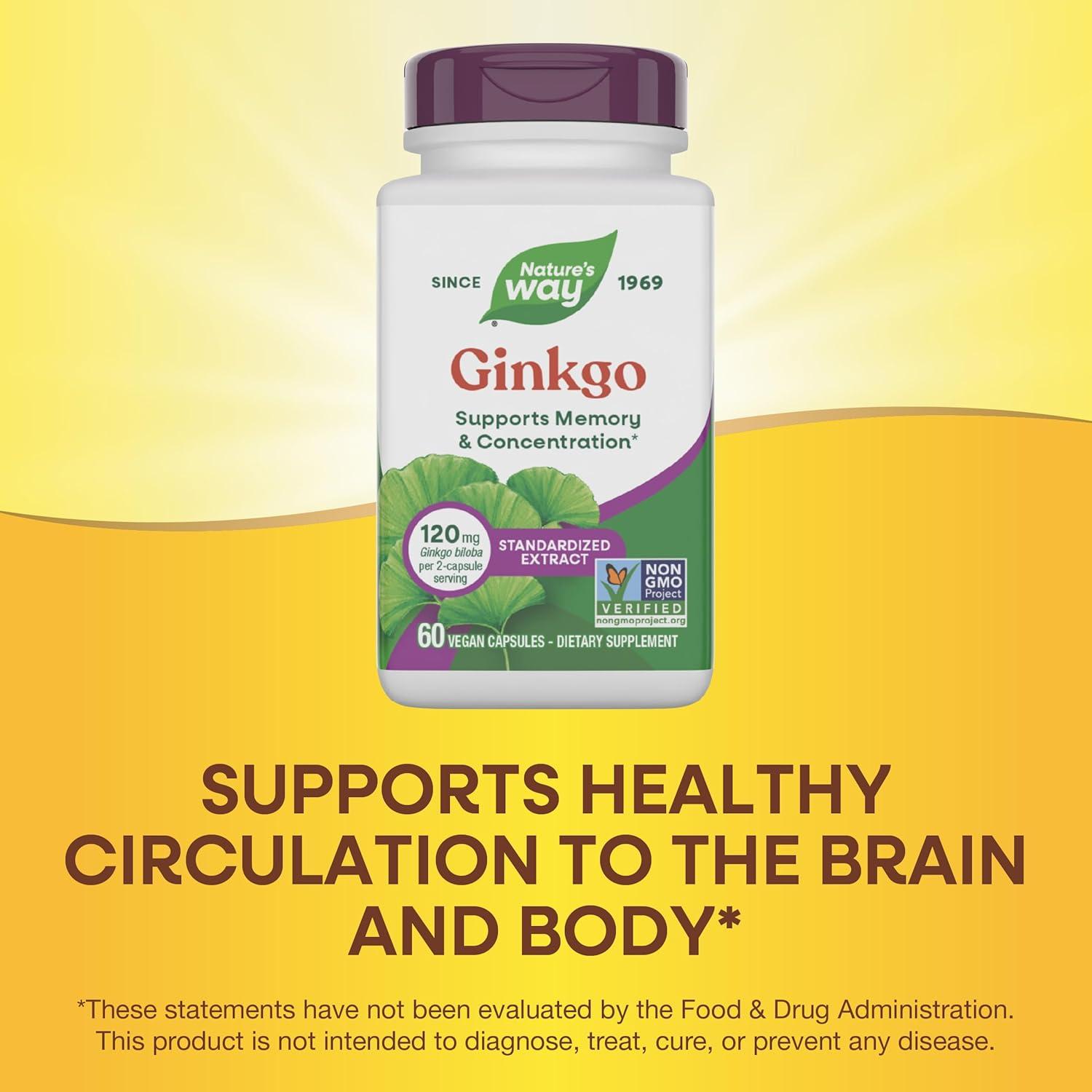 image:imageNatures Way Ginkgo Premium Extract Supports Memory amp Concentration 120 mg Ginkgo Biloba Extract per 2Capsule Serving with Gotu Kola Vegan No Gluten 60 Capsules Packaging May Vary