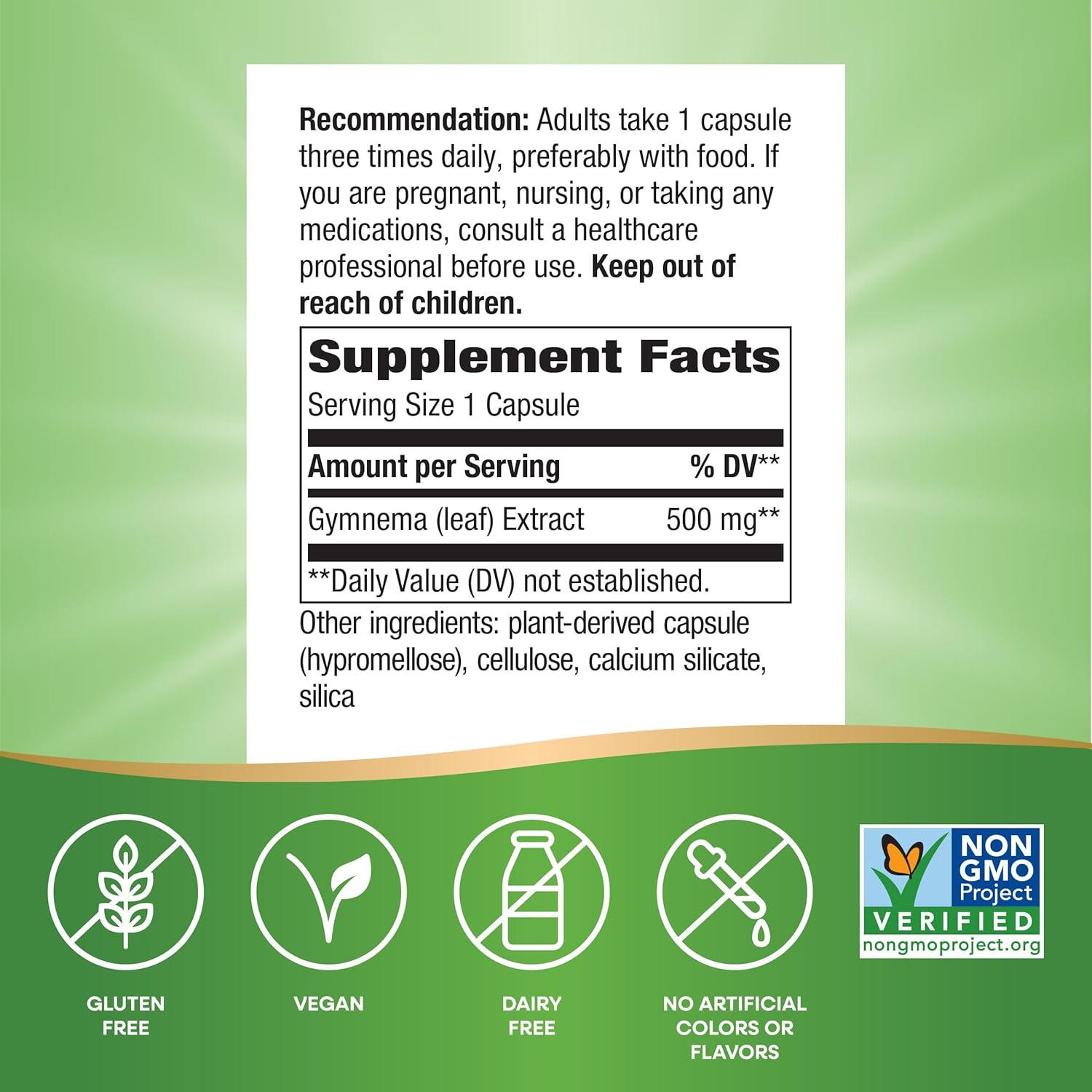 image:imageNatures Way Gymnema Premium Extract Supports Carbohydrate Metabolism 500 mg per Serving NonGMO Project Verified 60 Vegan Capsules Packaging May Vary