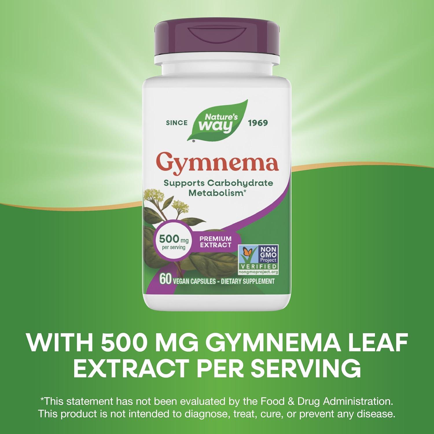 image:imageNatures Way Gymnema Premium Extract Supports Carbohydrate Metabolism 500 mg per Serving NonGMO Project Verified 60 Vegan Capsules Packaging May Vary