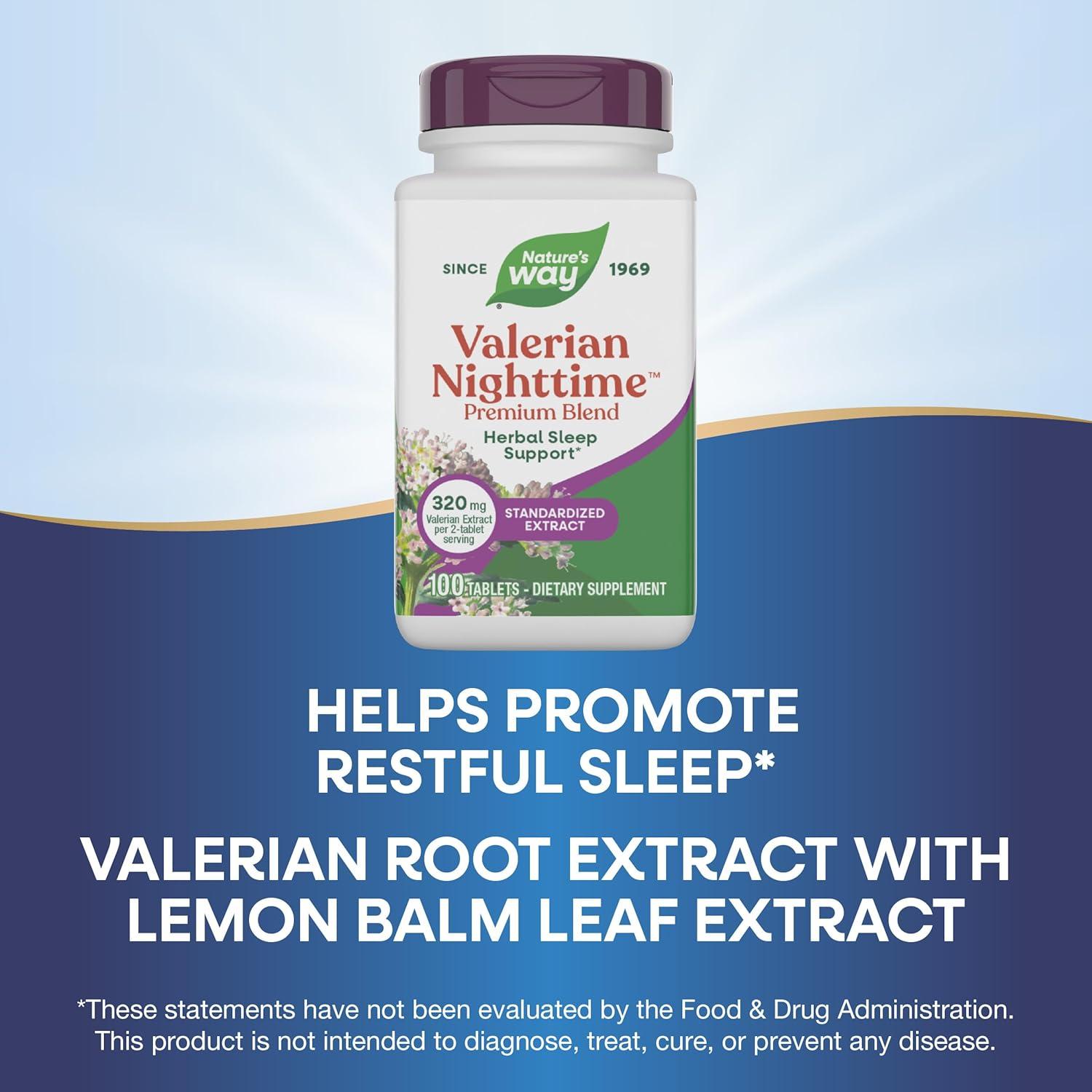 image:imageNatures Way Valerian Nighttime Premium Blend Herbal Sleep Support Supplements 320 mg of Valerian Extract per 2tablet serving GlutenFree 100 Tablets Packaging May Vary
