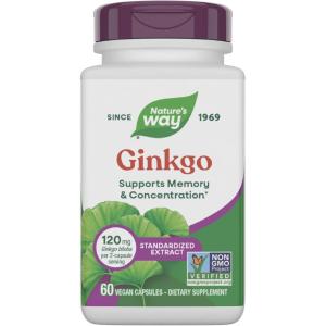 Nature’s Way Ginkgo Premium Extract, Supports Memory & Concentration*, 120 mg Ginkgo Biloba Extract per 2-Capsule Serving, with Gotu Kola, Vegan, No Gluten, 60 Capsules (Packaging May Vary)