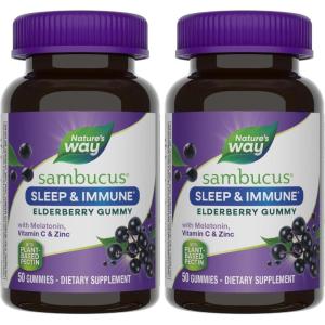 Nature’s Way Sambucus Sleep + Immune* Elderberry Gummies, Sleep Support for Adults and Immune Support*, With Melatonin, Vitamin C, L-Theanine, Zinc, 50 Gummies (Packaging May Vary)(50 Count (Pack of 2))