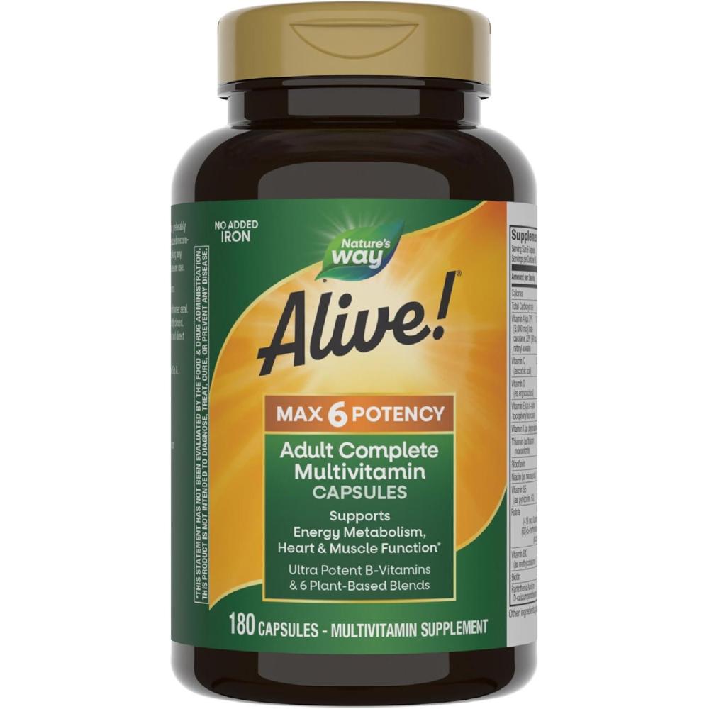 image:imageNatures Way Alive Max6 Potency Adult Complete Multivitamin Vitamins AC E amp BVitamins Methyl B12 amp Folate Supports Heart amp Muscle Function and Energy Metabolism No Added Iron 180 Capsules
