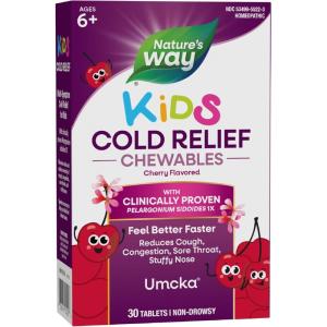 Nature’s Way Kids Cold Relief Chewables, Umcka, Ages 6+, Shortens Duration and Reduces Severity, Multi-Symptom Cold Remedy, Non-Drowsy, Cherry Flavored, 30 Tablets